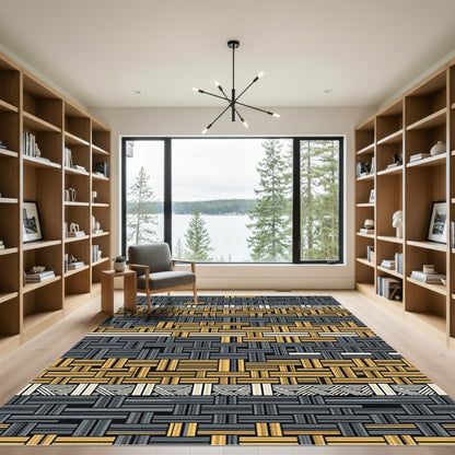 Modern Woven Golden Charcoal Geometric Texture Rug