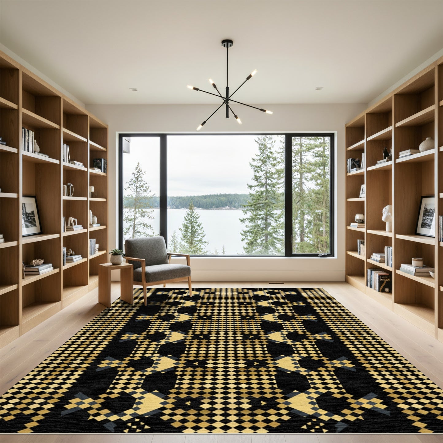 Gold Black Geometric Square Rug