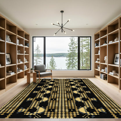 Gold Black Geometric Square Rug