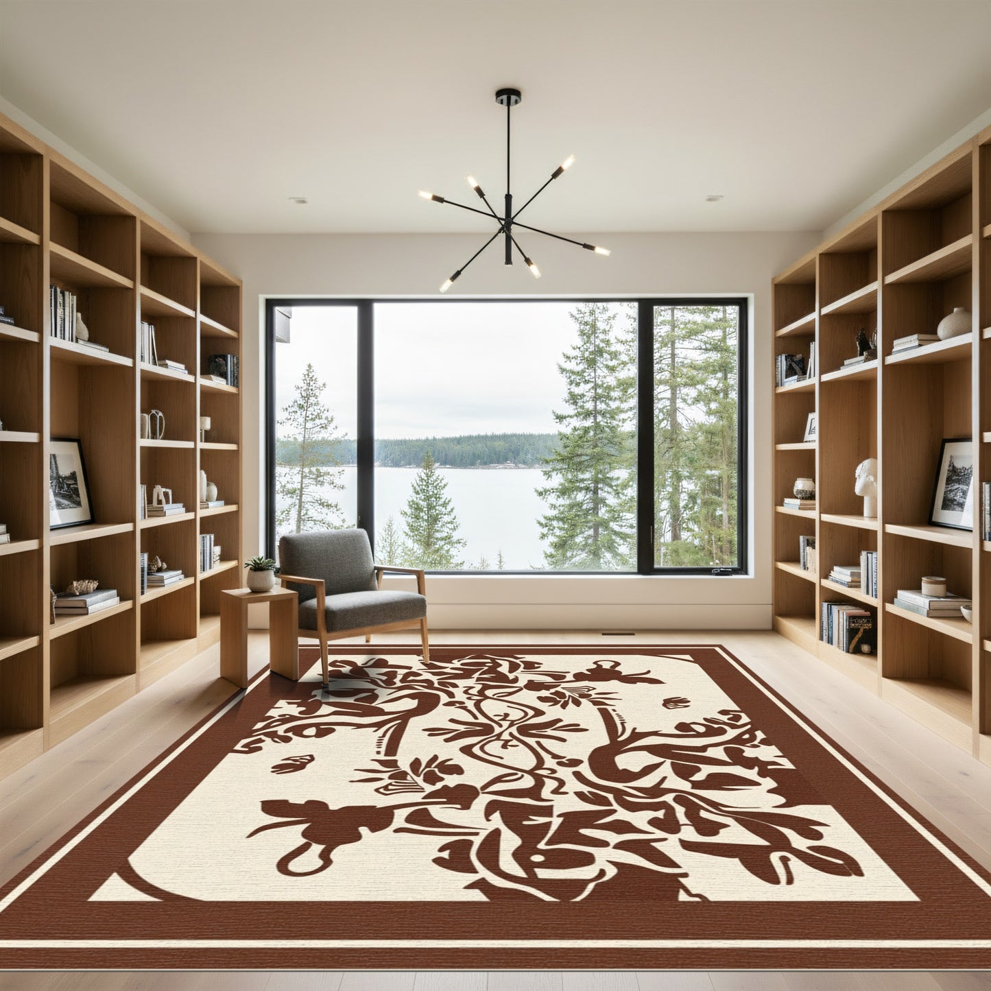 Brown Organic Floral Vine Tableau Rug