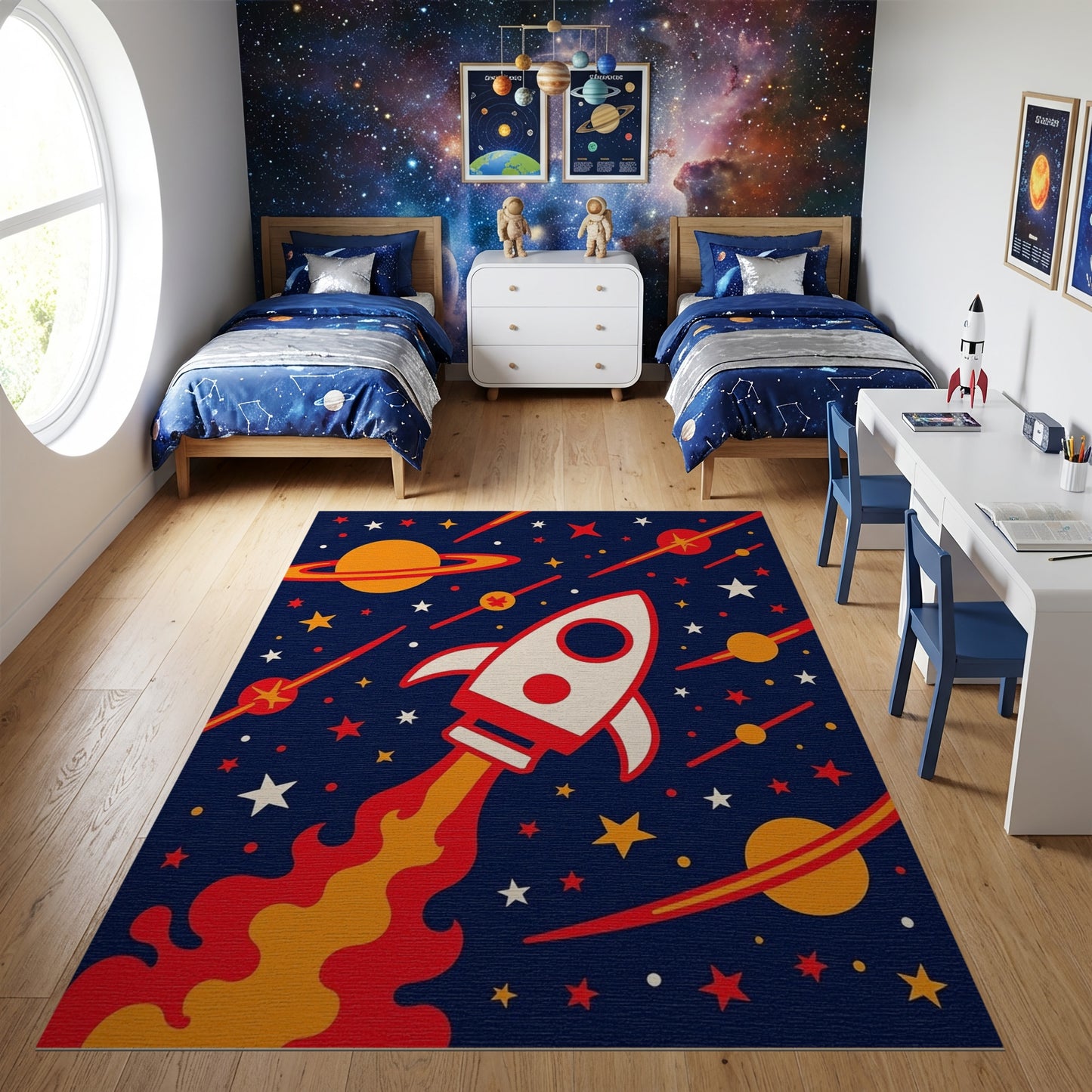 Whimsical Cosmic Rocket Stars Rug