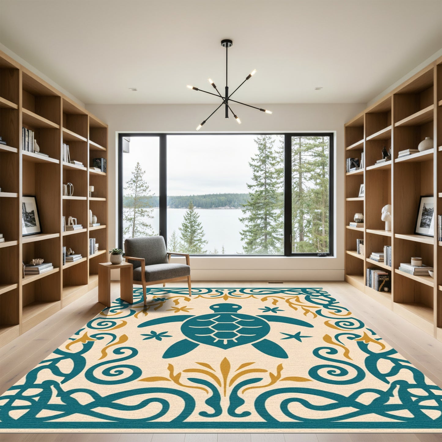 Teal Sea Turtle Golden Floral Border Rug