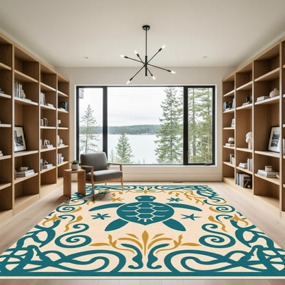 Teal Sea Turtle Golden Floral Border Rug