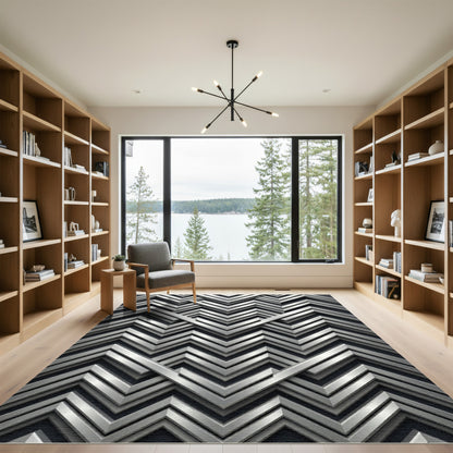 Sophisticated Metallic Silver Angular Chevron Rug