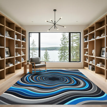 Vibrant Blue Abstract Wavy Vortex Rug