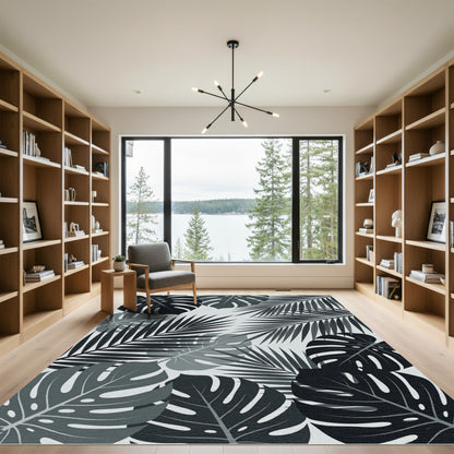 Monstera Palm Leaf Charcoal Gray Rug