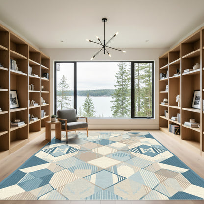 Geometric Diamond Medallion Blue Beige Rug