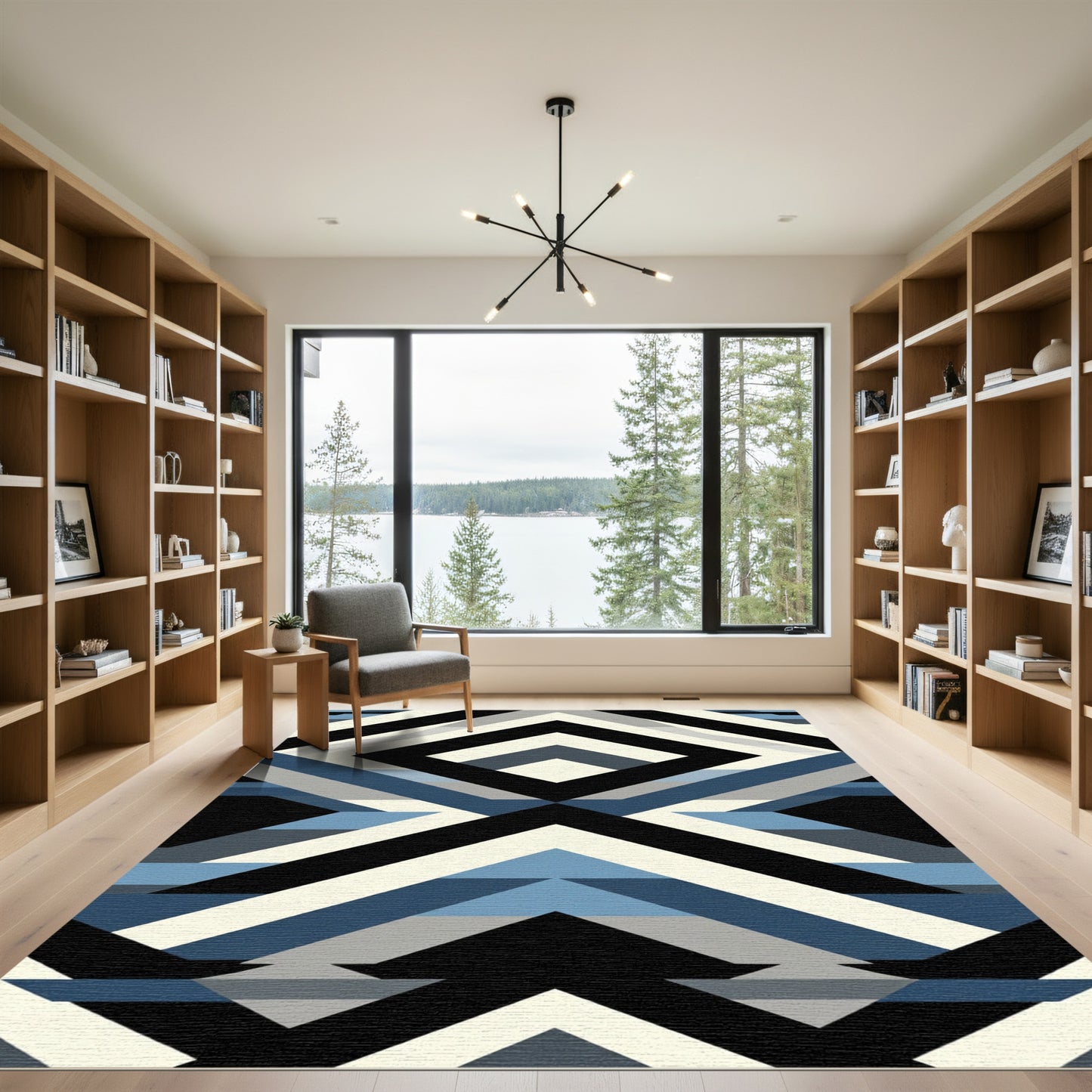 Geometric Blue Cream Black Diamond Stripes Rug