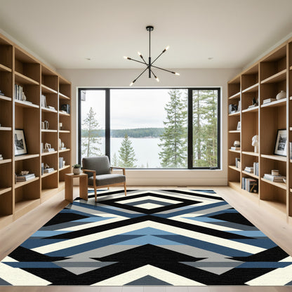 Geometric Blue Cream Black Diamond Stripes Rug