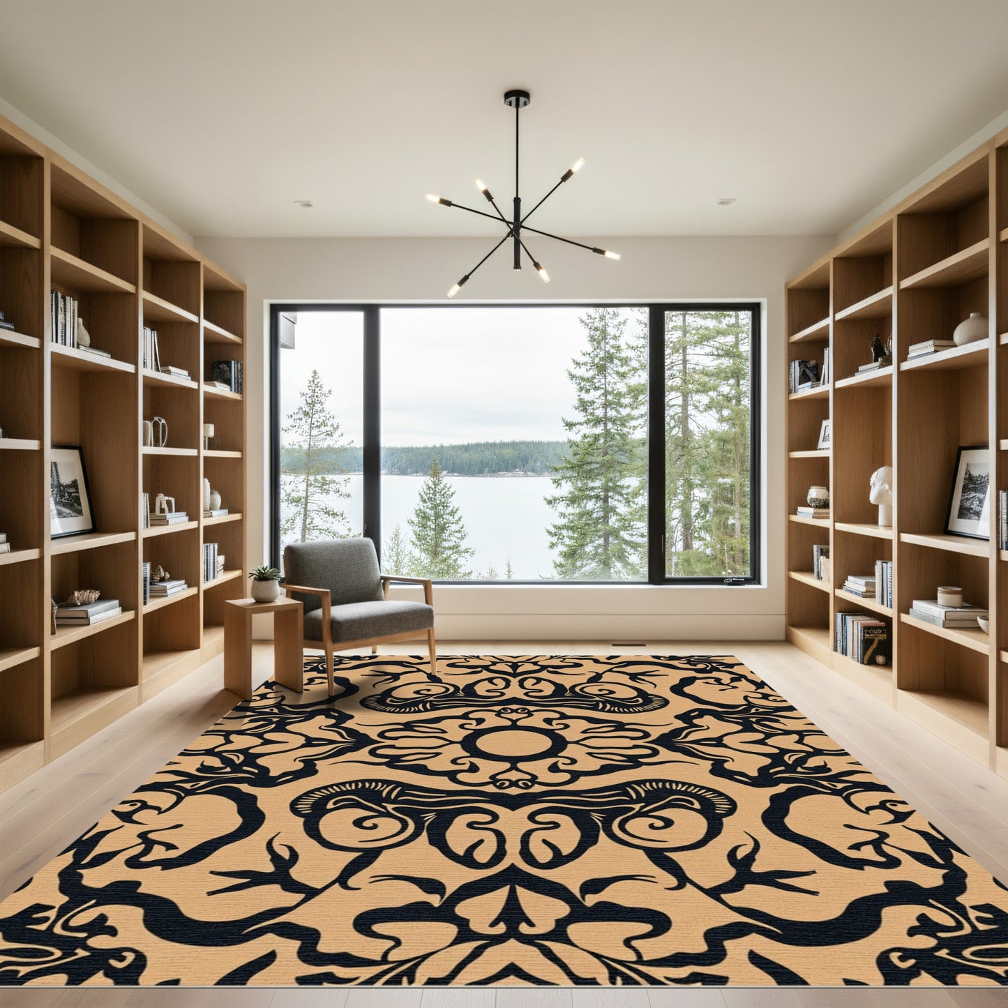 Ornate Black Gold Scroll Foliage Rug