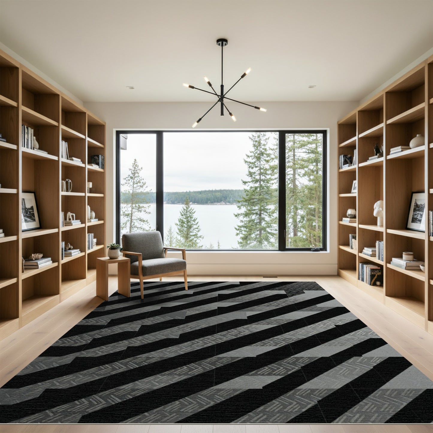 Monochrome Industrial Angled Geometric Striped Rug