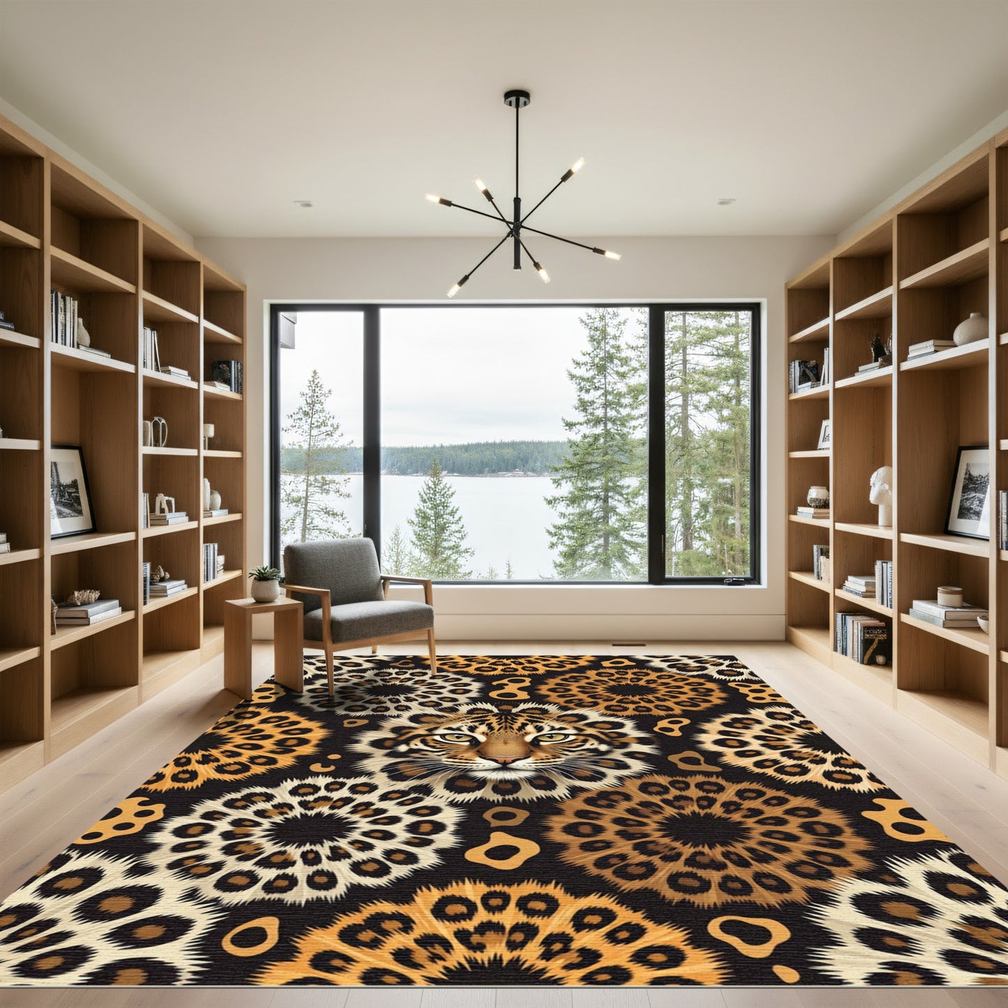 Wild Cat Face Floral Medallion Rug