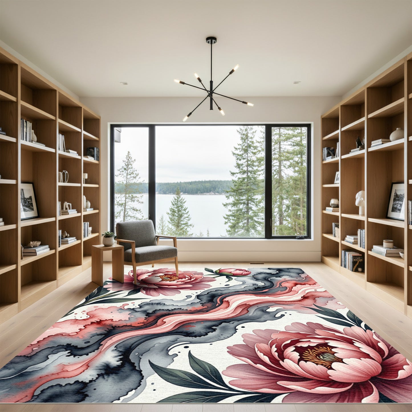 Elegant Pink Peony Watercolor Abstract Swirl Rug