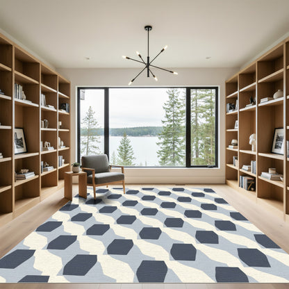 Muted Blue Ochre Geometric Overlay Rug