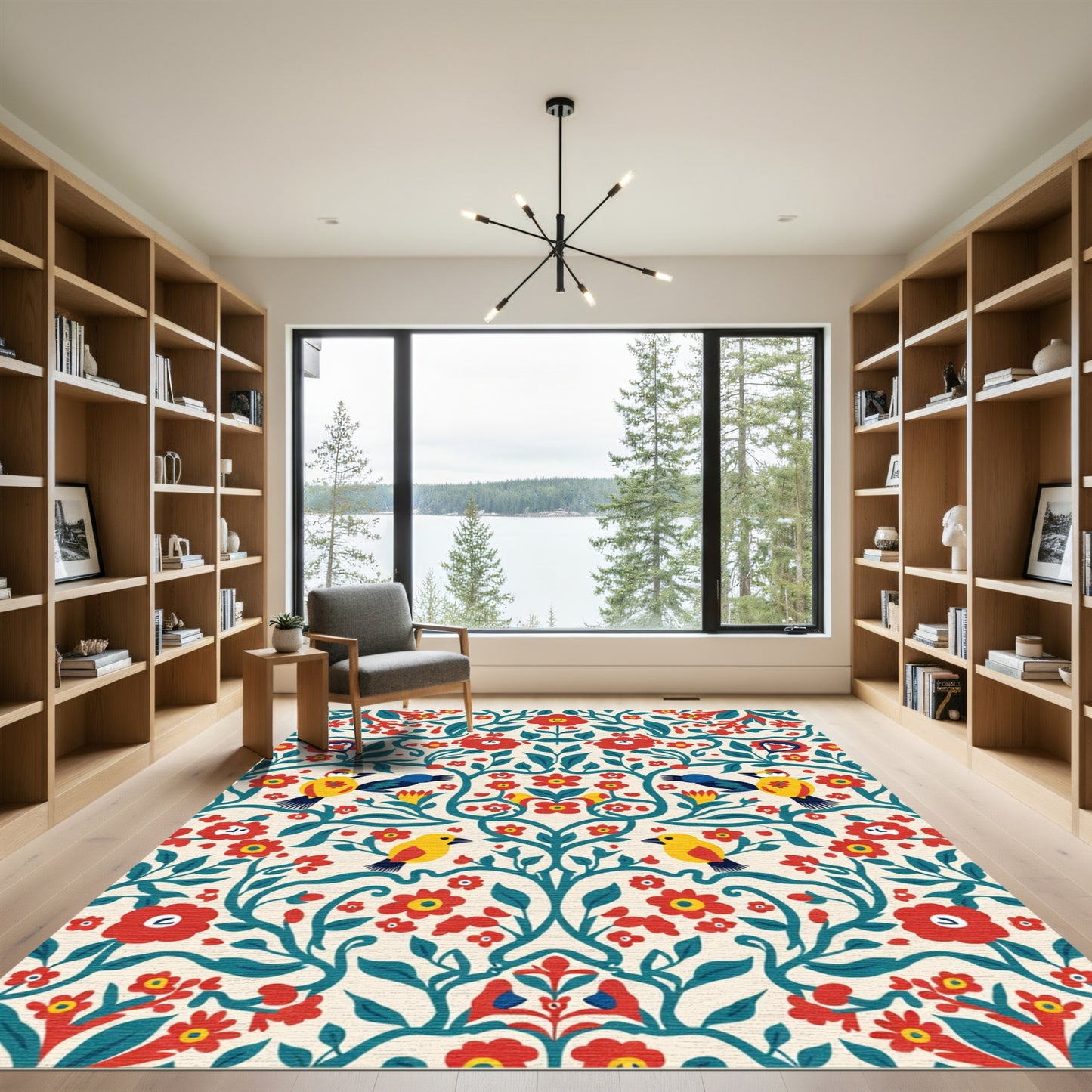Folk Art Birds Red Floral Vine Rug