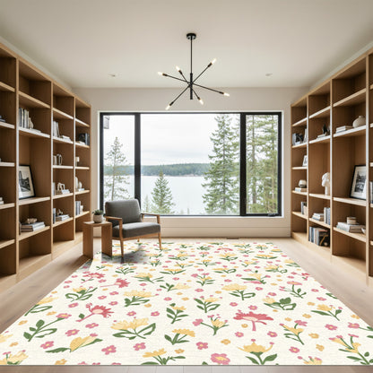 Whimsical Yellow Pink Floral Meadow Rug