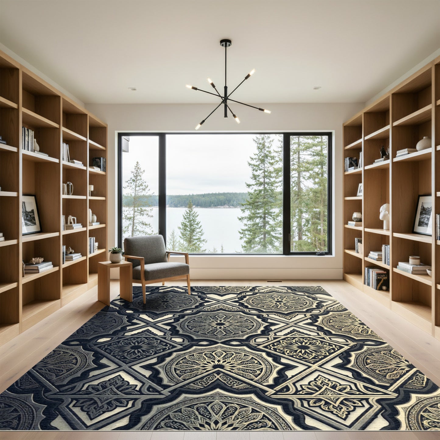 Gold and Charcoal Geometric Medallion Rug