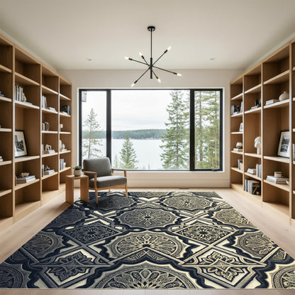 Gold and Charcoal Geometric Medallion Rug