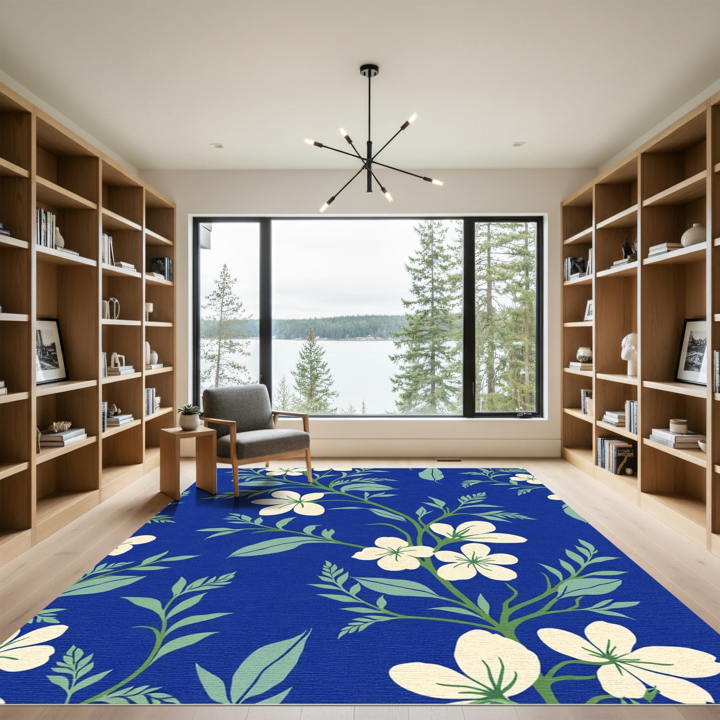 White Blossom Branches On Royal Blue Rug