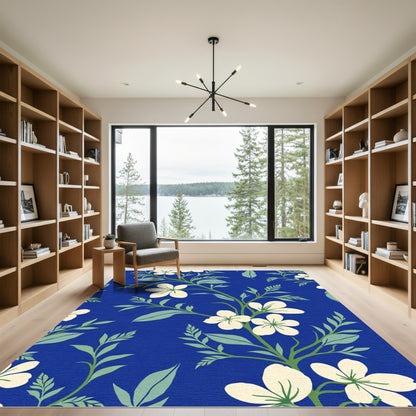 White Blossom Branches On Royal Blue Rug