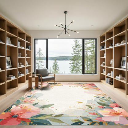 Soft Pink Peony Floral Gold Splatter Rug
