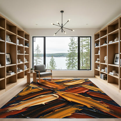 Abstract Golden Brown Oil Stroke Rug