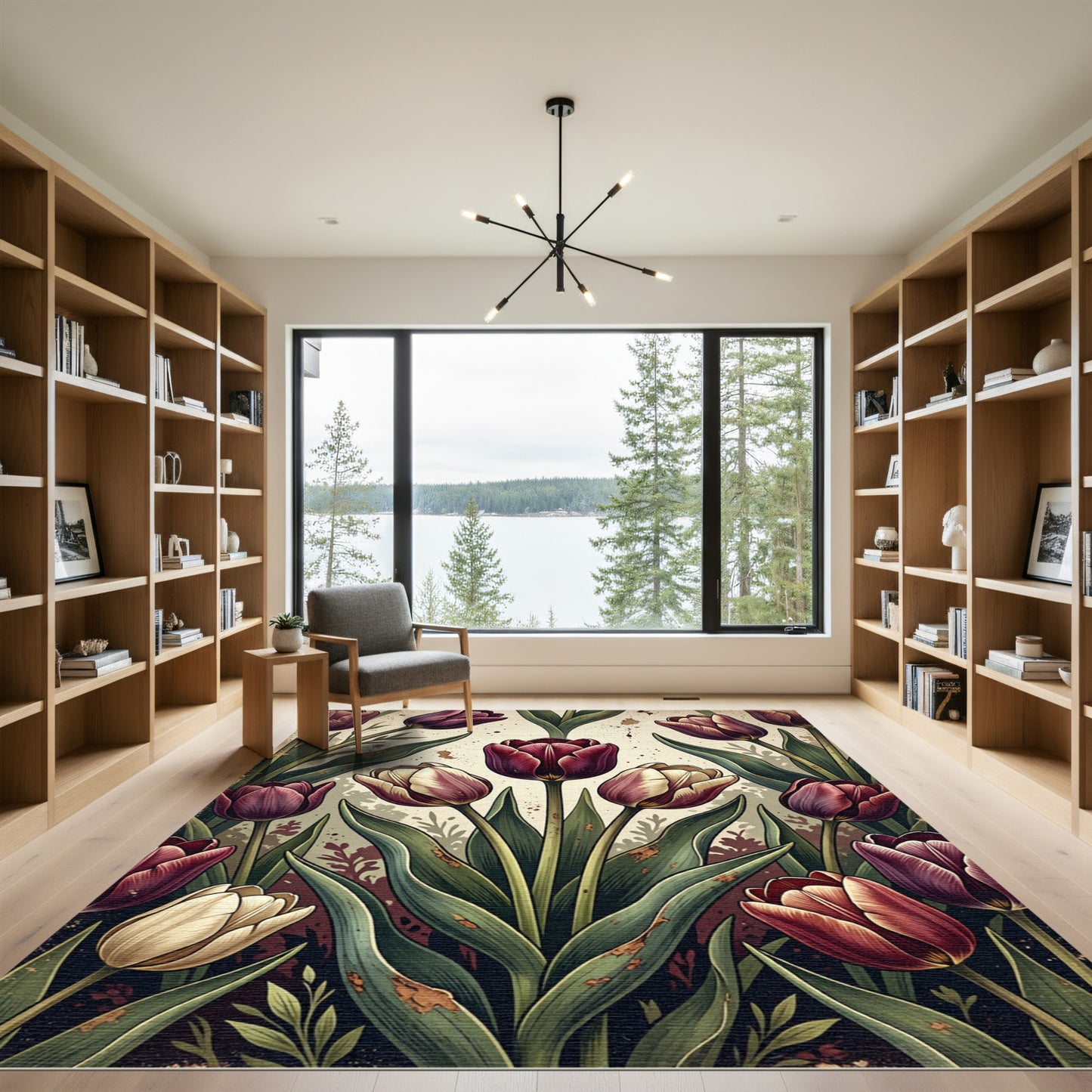 Rich Burgundy Cream Tulip Garden Rug