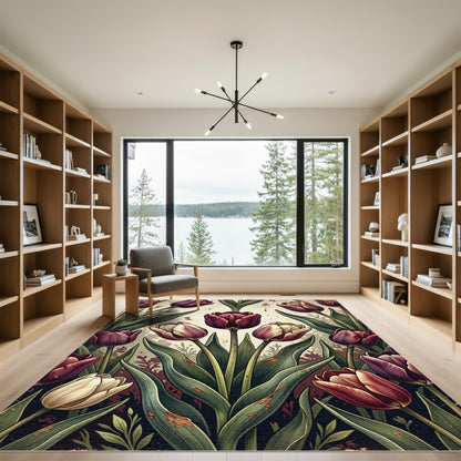 Rich Burgundy Cream Tulip Garden Rug