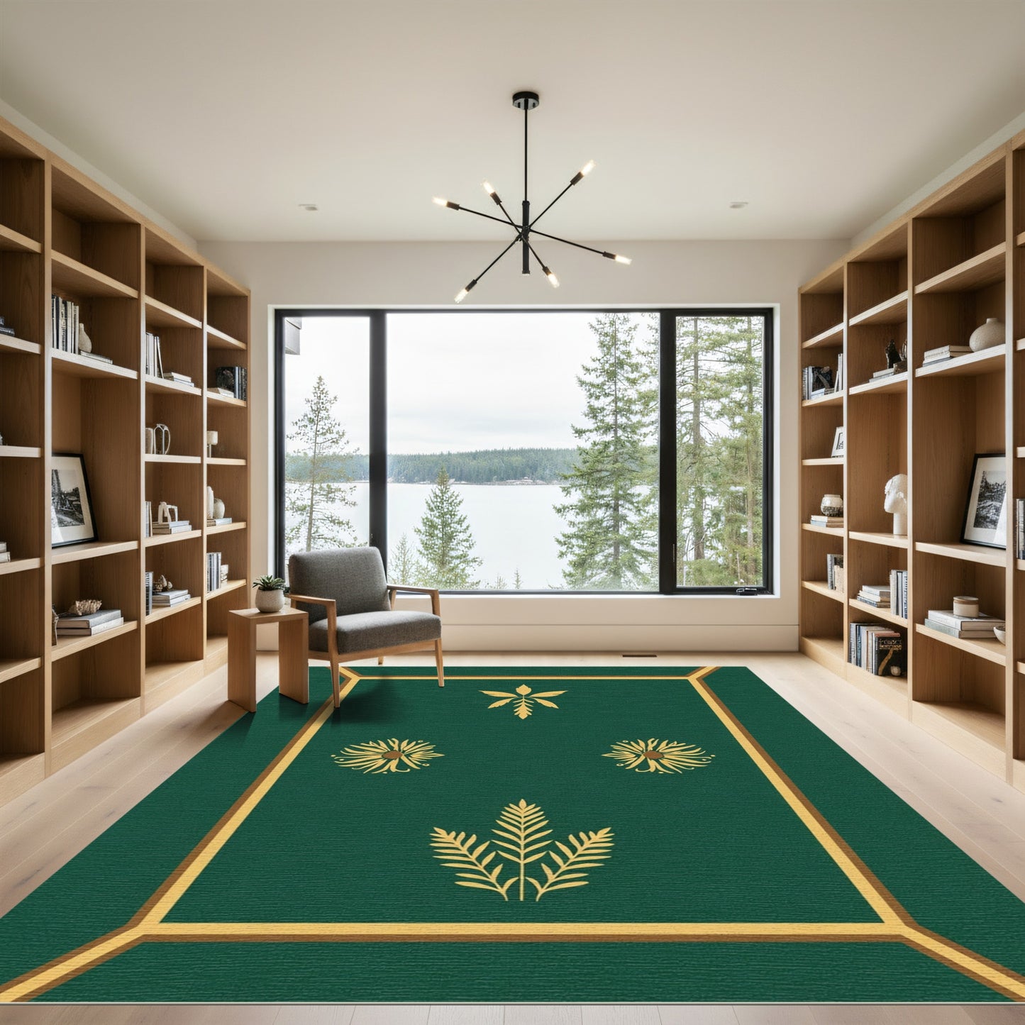 Emerald Green Golden Botanical Medallion Rug