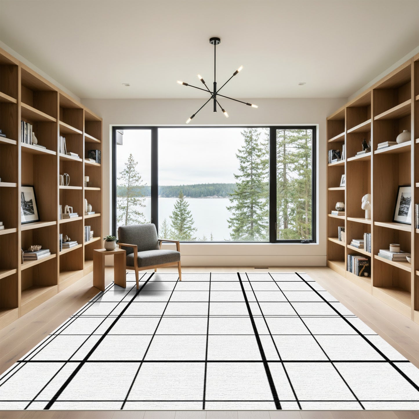 Bold Black White Grid Lines Rug