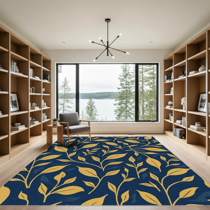 Golden Branches Dark Blue Foliage Rug