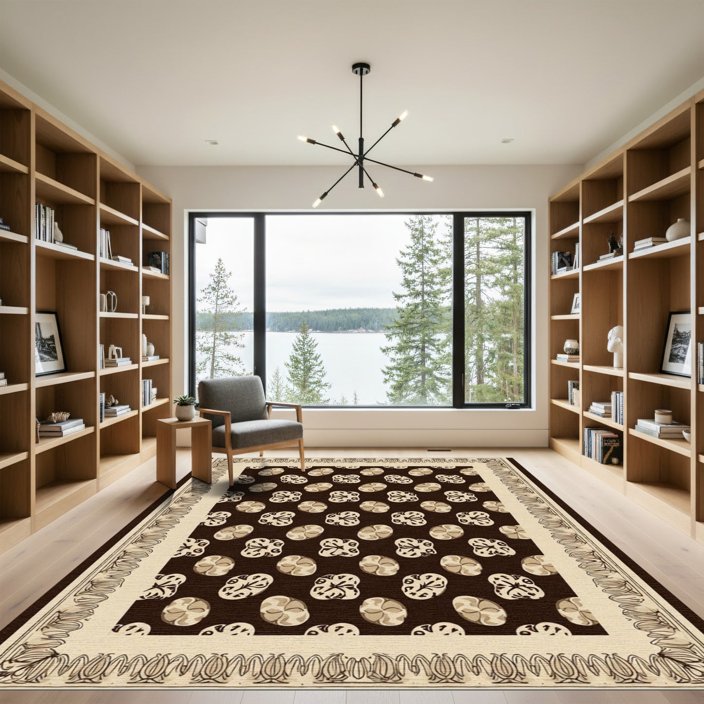 Brown Tan Oval Floral Border Rug