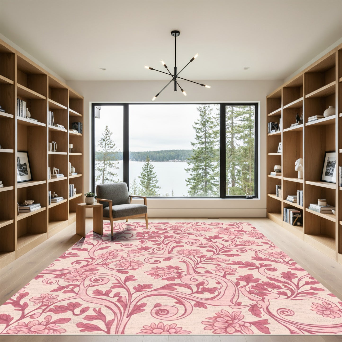 Rose Pink Floral Scrollwork Rug