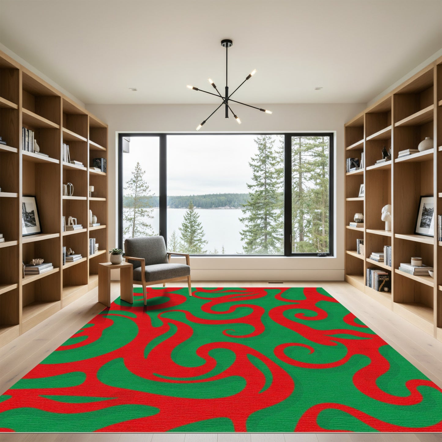 Crimson Swirls on Emerald Background Rug