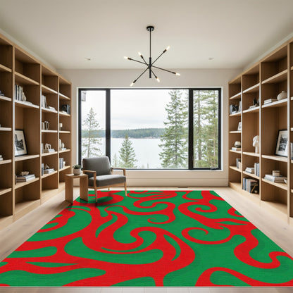 Crimson Swirls on Emerald Background Rug