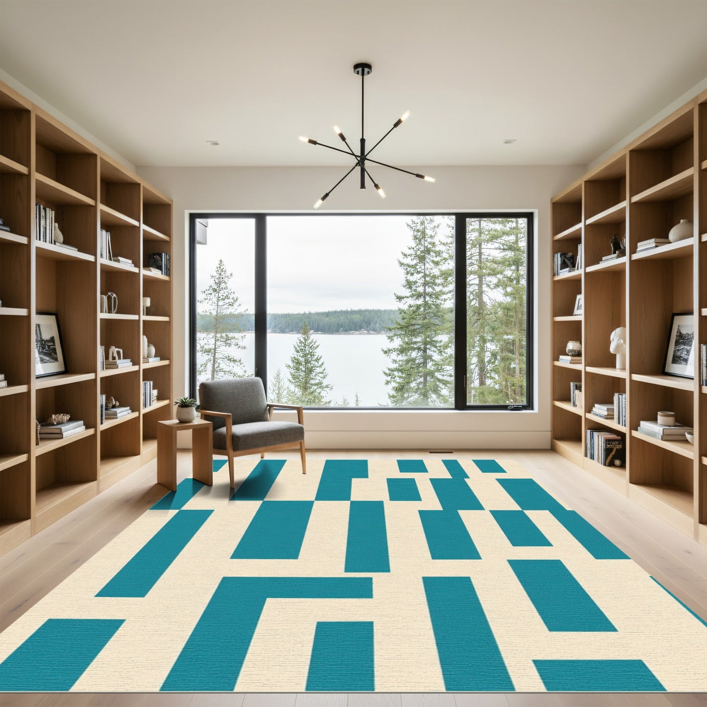Teal Off White Abstract Geometric Blocks Rug
