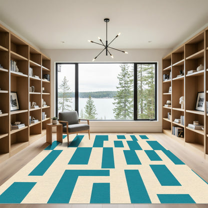 Teal Off White Abstract Geometric Blocks Rug