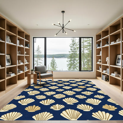 Golden Scallop Shell Pattern Navy Rug