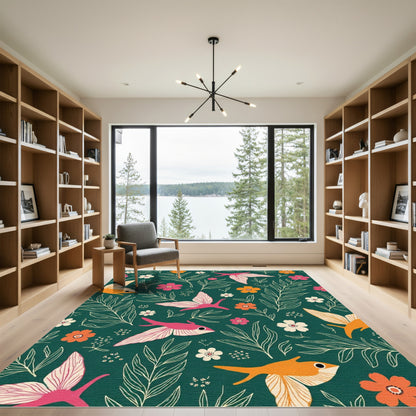 Whimsical Pink Orange Bird Floral Forest Rug