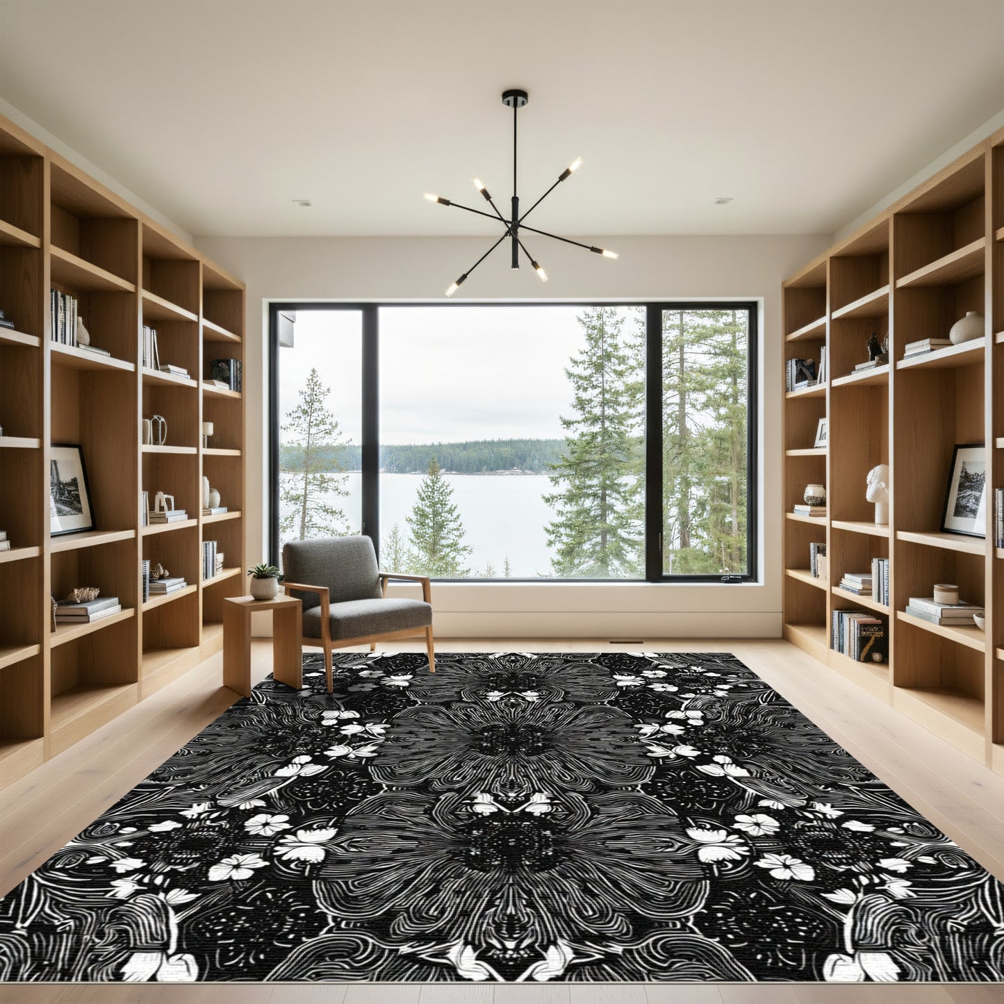 Monochromatic Black Floral Mandala Rug