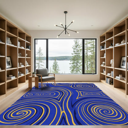 Vibrant Blue Gold Swirl Abstraction Rug