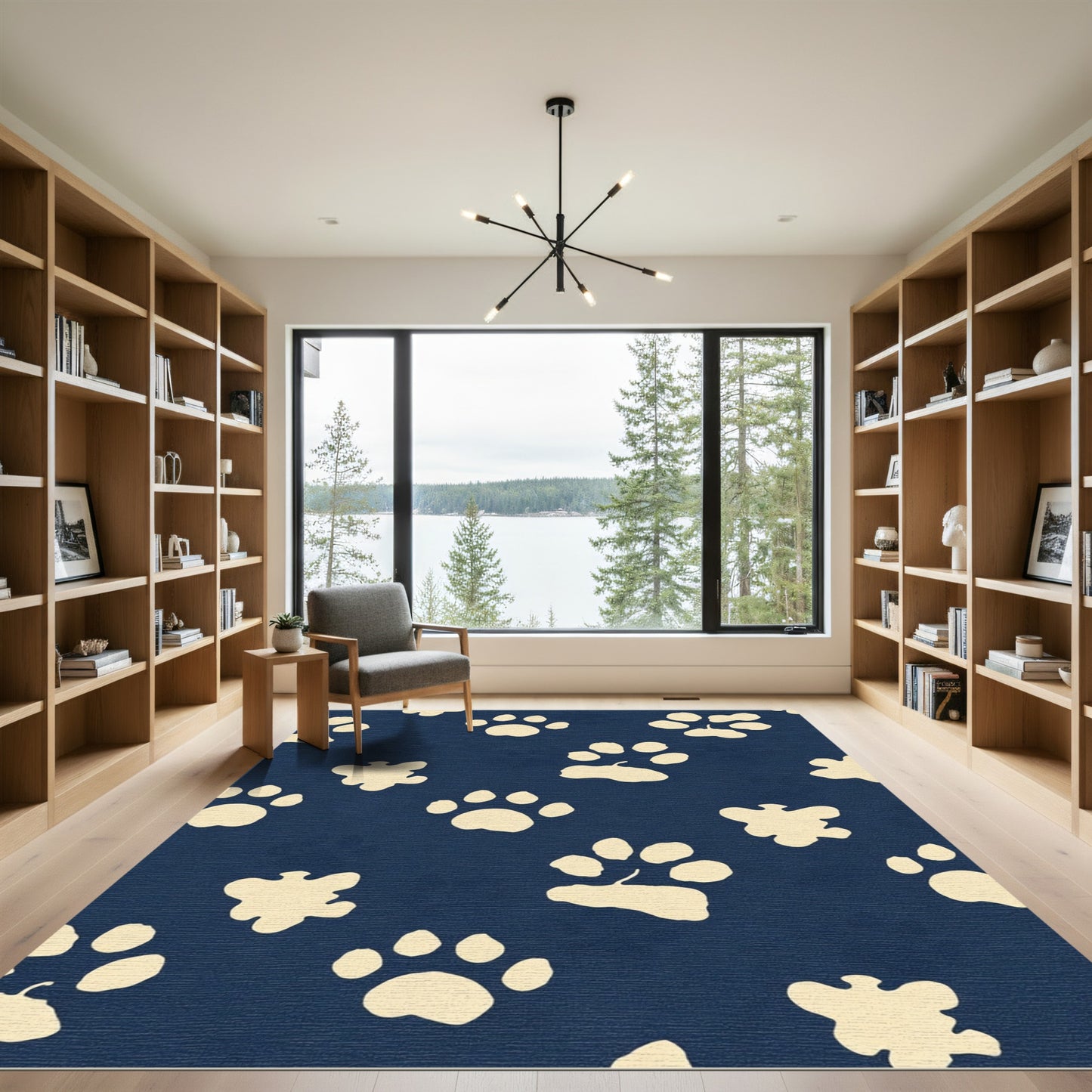 Cream Paw Prints On Navy Rug
