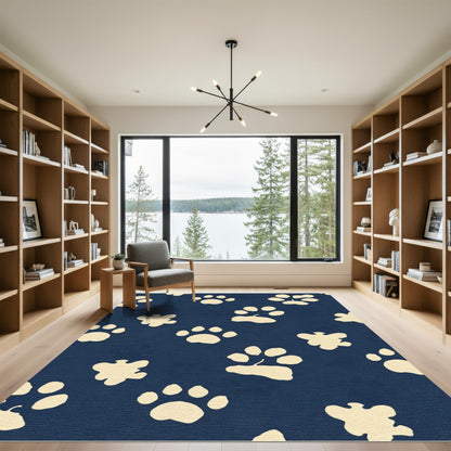 Cream Paw Prints On Navy Rug