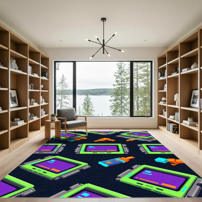 Neon Retro Gaming Pixelated Monitor Grid Rug