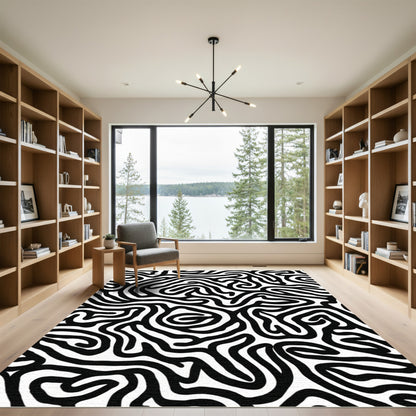 Monochromatic Black White Abstract Swirls Rug