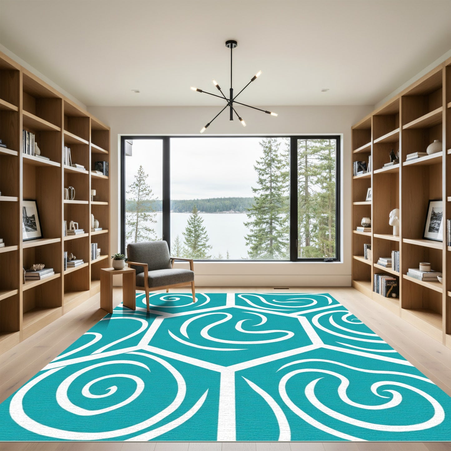Teal White Swirling Hexagon Abstract Rug
