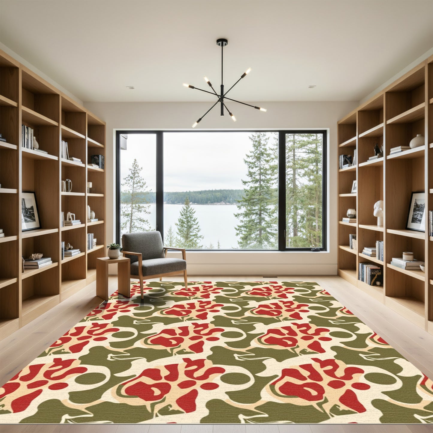 Cream Red Abstract Organic Flow Rug