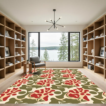Cream Red Abstract Organic Flow Rug