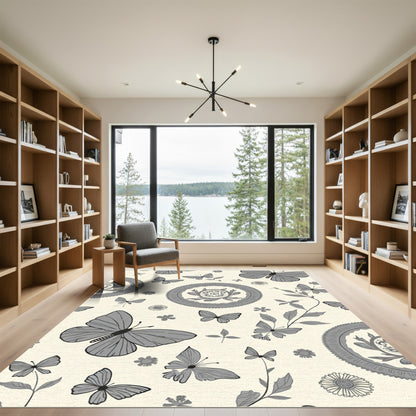 Gray Butterflies Floral Circular Medallion Rug