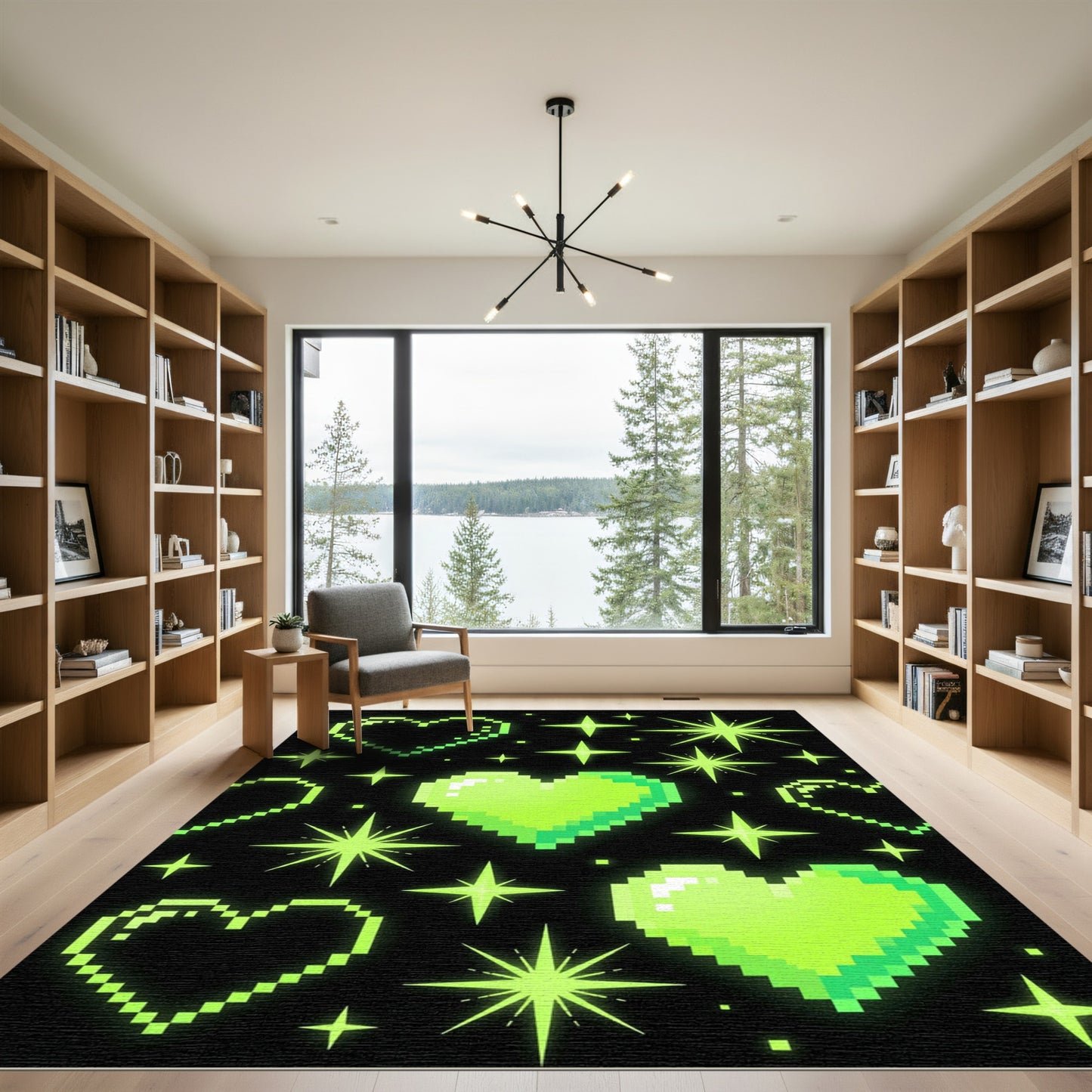 Neon Pixel Heart and Sparkle Glow Rug